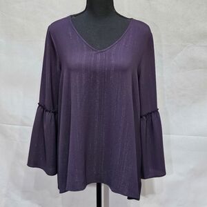 Style & Co Ruffle Sleeve Dark Purple & Shimmer V-neck Pullover Blouse Size M